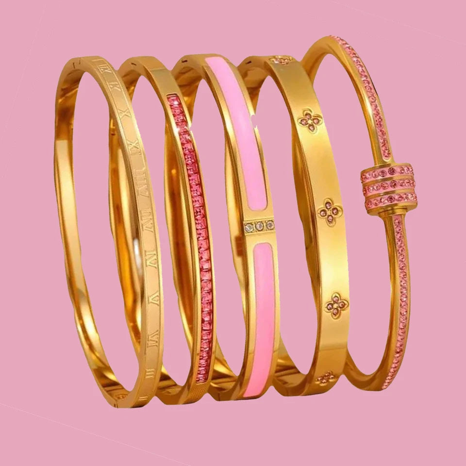 ZAKOL New Buling Pink Crystal Zirconia Stainless Steel Bracelet for Women Versatile Stackable Jewelry Waterproof Bangle Gift