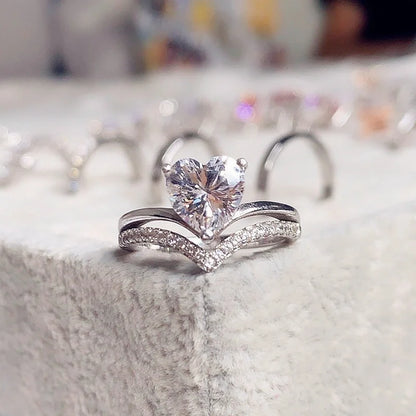 Delicate Silver Color  with White Zircon Stones.   Heart Rings for Women for Fashion, Bridal, Engagement, Wedding Ring Set