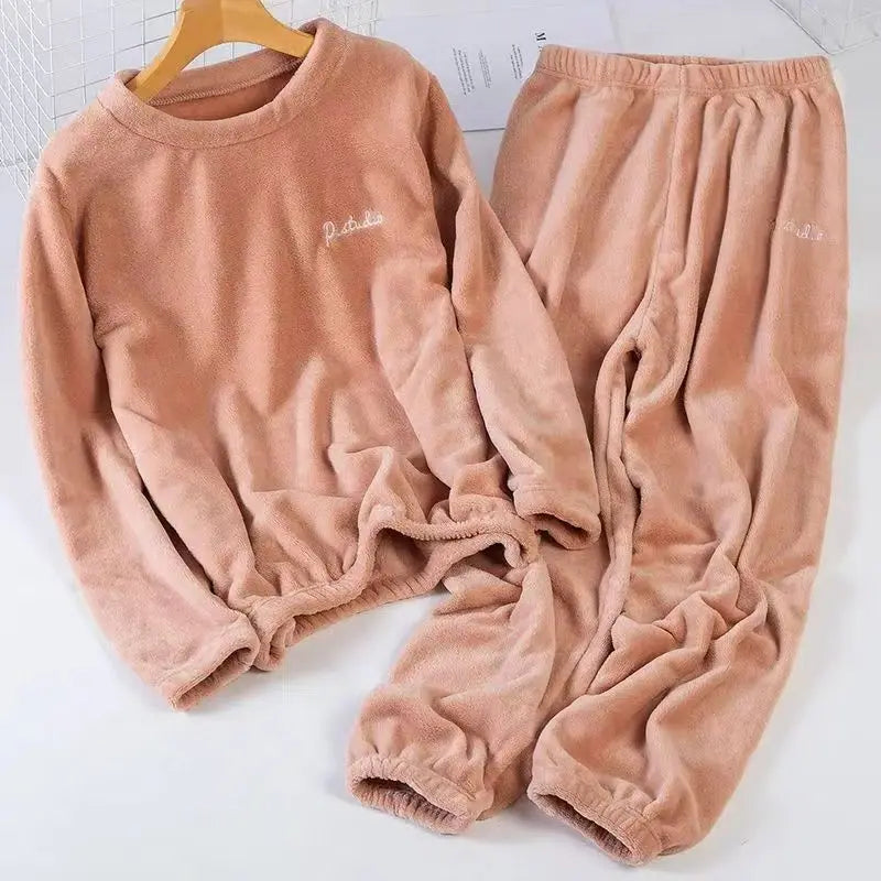 Leisure  with Autumn/Winter Women's Warm Velvet Pajamas with ,Loose Round Neck Elastic Top, Warm Wool Elastic Waist and Tight Leg Pants Set