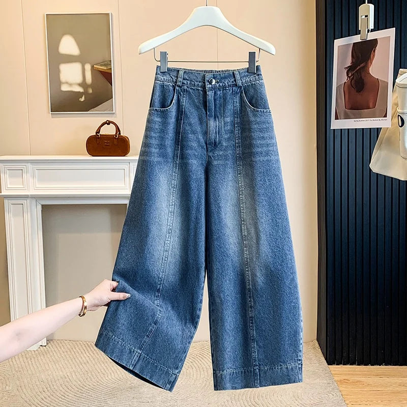 Loose American Style of Denim,  Seven-Five Point Pants,  Womens Summer 2026 Light Blue Small Size Straight Leg,  Slimming Casual Eight-Point  Pant.