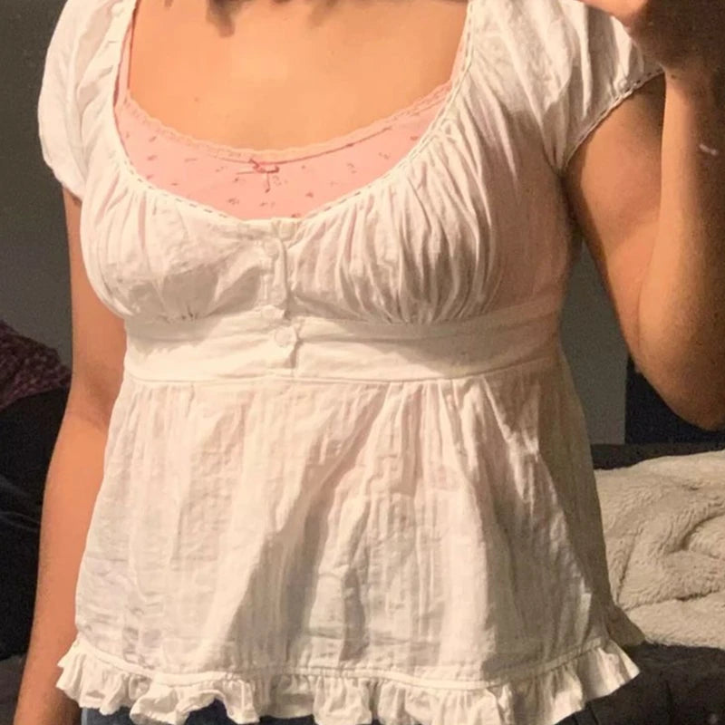 Ruffle Top Buttons Womens Crop Tops, Cute, Short Sleeve Tshirt