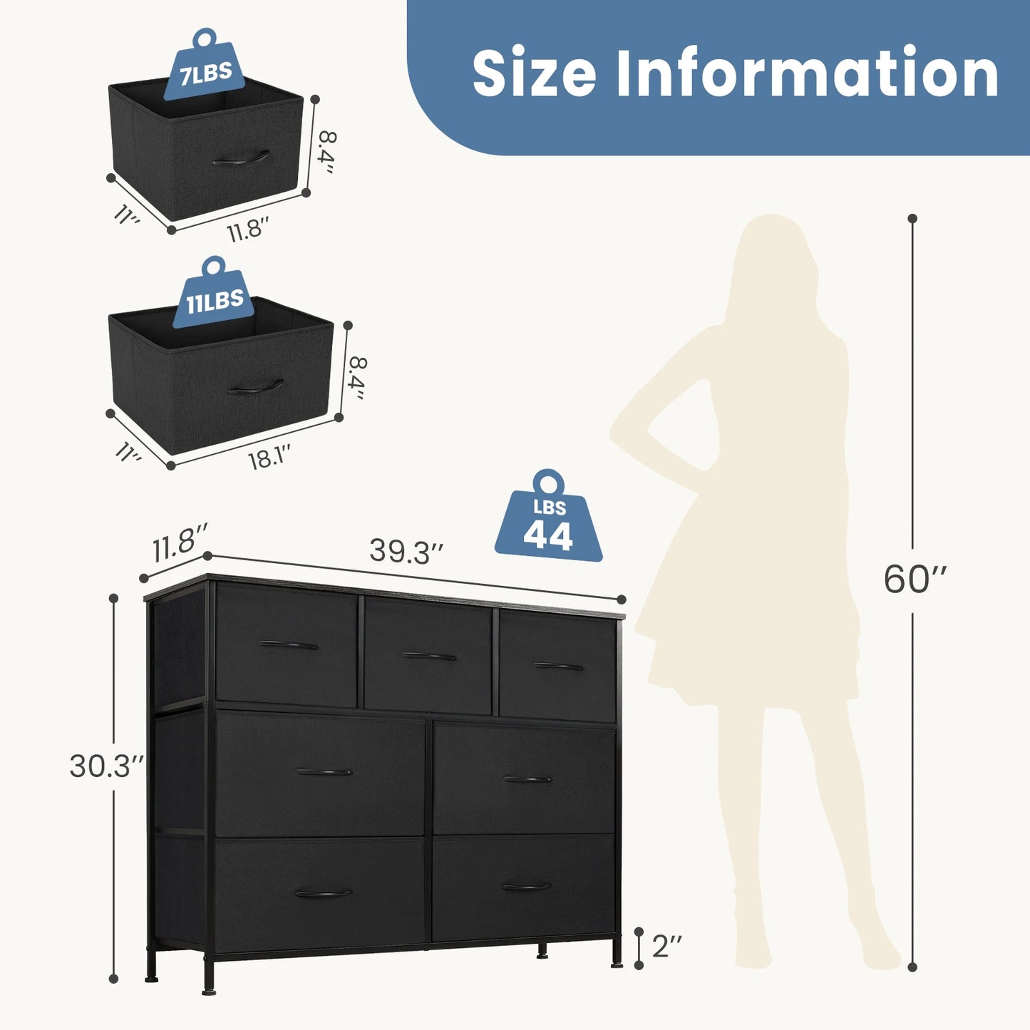 JHK Desser For Bedroom With 7 Fabric Drawers Organizer,  Storage Closet, Chest  For Clothes.