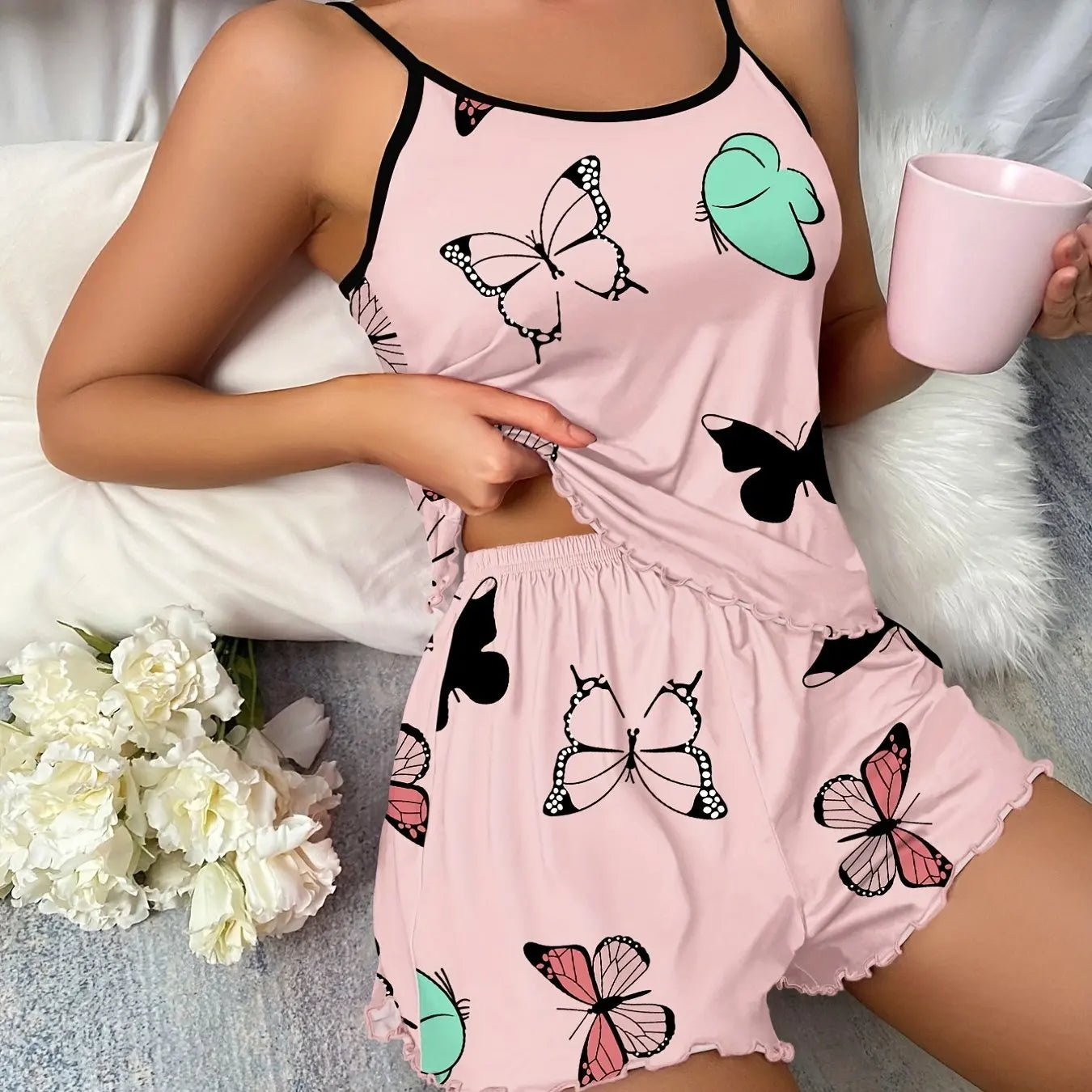 Summer Sleepwear Women Butterfly Print Pajamas Set Lettuce Trim Cami Top and Elastic Waistband Shorts Set Loungewear