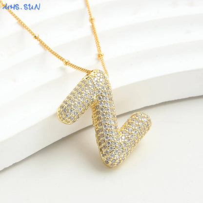 MHS.SUN Gold Plated Balloon 26 Letter Necklaces Copper Zircon Bubble Initial Pendant Chunky Women Personality Chain Jewelry