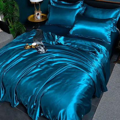 Nordic Satin Silk Bedding Set with Duvet Cover,  Bed Sheet,  Pillowcases.   Luxury Solid Single, Double, Couple Pillow Case and Bedsheet