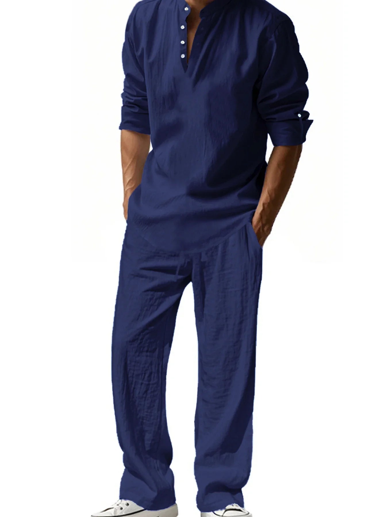 Mens Henley Cotton/Linen Shirts, Long Sleeve,  Lightweight T-Shirts.  Breathable Streetwear,  Solid Colors,  Business Button, Polo T-Shirts