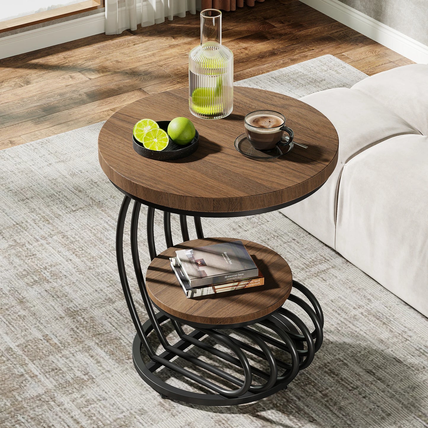Gold Round End Table: 2 Tiers Faux Marble Side Table with Storage Shelf, Modern White Gold Bedside Nightstand, Living Room