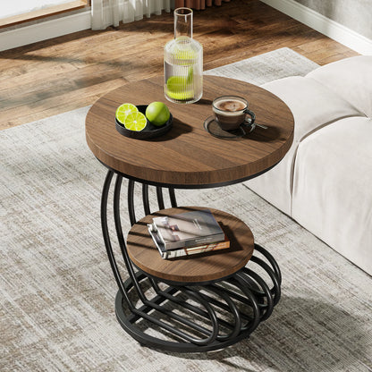 Gold Round End Table: 2 Tiers Faux Marble Side Table with Storage Shelf, Modern White Gold Bedside Nightstand, Living Room