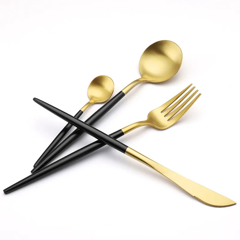 Gilt Rim Black Porcelain Dinner Plates,  Kitchen Dishes,  Ceramics,  Tableware Food Tray,  Rice, Salad, Noodles Bowl , Cutlery Set