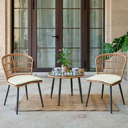 3 Piece Outdoor Wicker Bistro Set, Patio Conversation Sets w/2 Large Rattan Chairs and Tempered Glass Table, Patio Furniture. Small enough for a small porch or Garden Area