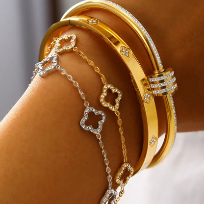 Elegant Stainless Steel Bracelet With Zircon,  Four-Leaf Clover Design, Hollow Detail, Fashion Accessory For Small Wrist.  HAPPY MOTHERS DAY!!!