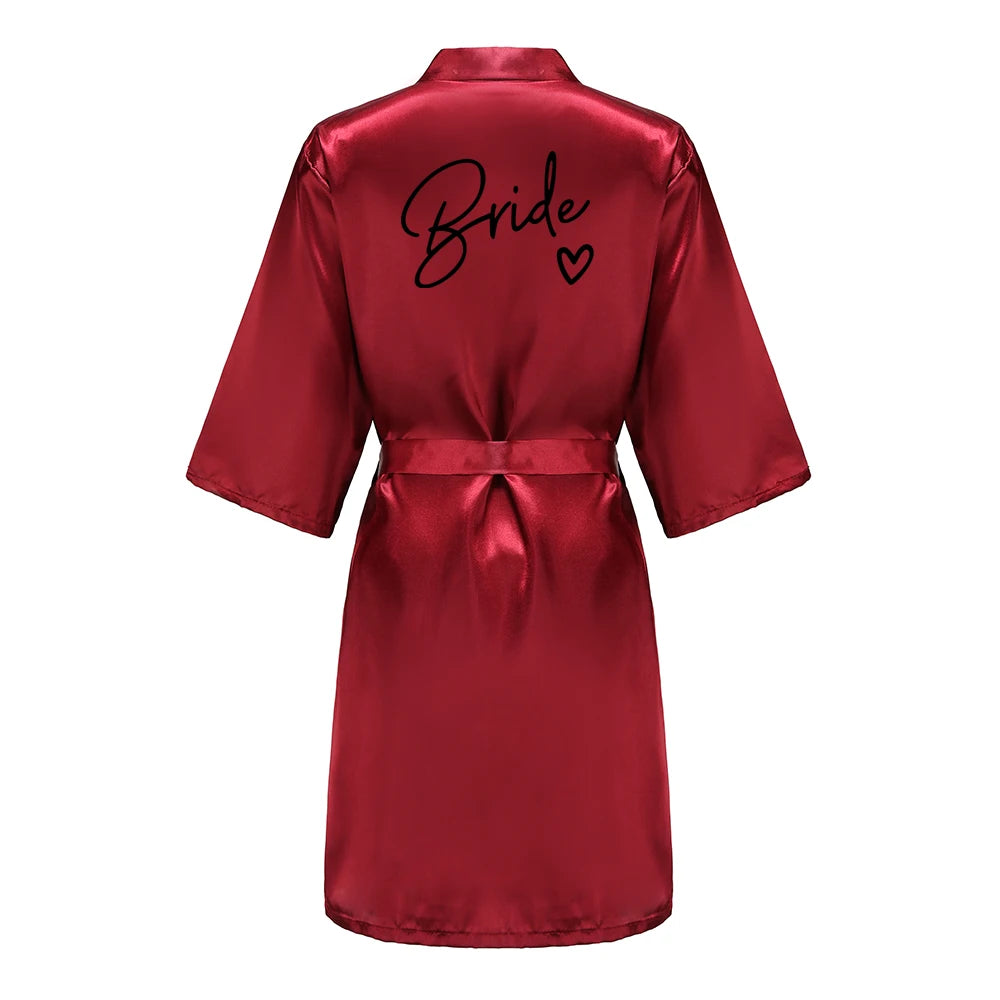 Wedding Party Team Bride Robe With Black Letters, Kimono Style Satin Bridesmaid Bathrobes