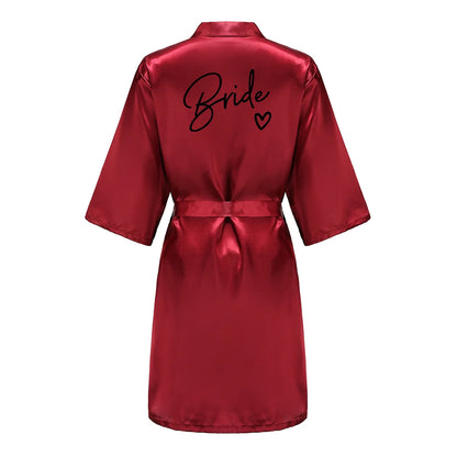 Wedding Party Team Bride Robe With Black Letters, Kimono Style Satin Bridesmaid Bathrobes