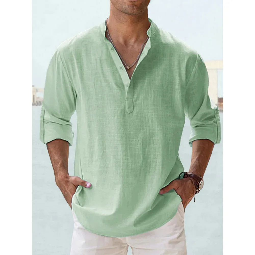 Cotton Linen Hot Sale Men's Short-Sleeved Shirts.  Summer Solid Colors Henley Collar Casual Beach Style Hawaiian Vacation