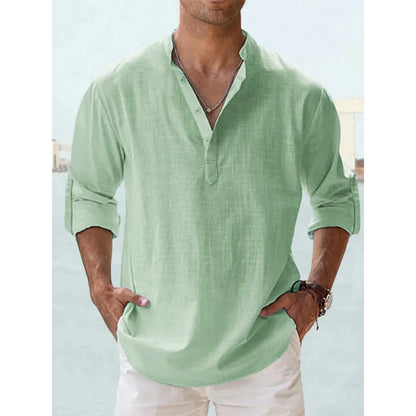 Cotton Linen Hot Sale Men's Short-Sleeved Shirts.  Summer Solid Colors Henley Collar Casual Beach Style Hawaiian Vacation