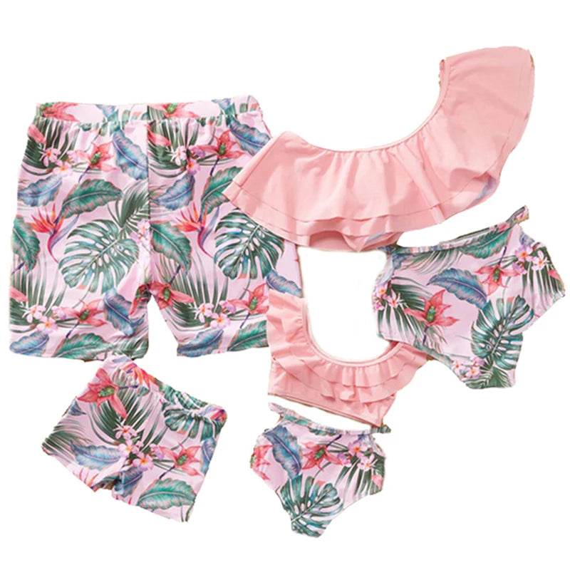 Summer Mommy and Daddy /Son/ Daughter Clothes, Family Matching Outfits Leaf Printing Swimwear