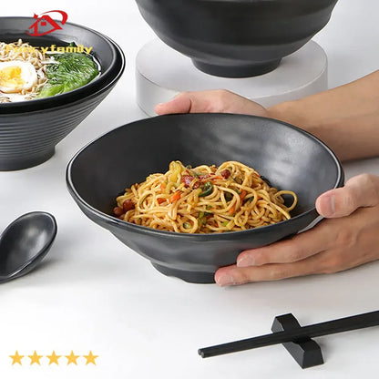 Fancy family Black Frosted Melamine.  Japanese Style Beef Ramen Bowl with Bamboo Hat Shape . Soup Bowl Tableware