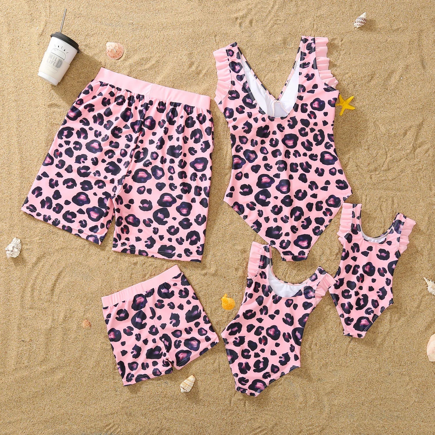Summer Mom -Daughter/ Dad -Son Matching Swimsuit in Pink Leopard Frill Trim One-piece Suit Swimwear Trunks Beachwear Family Look