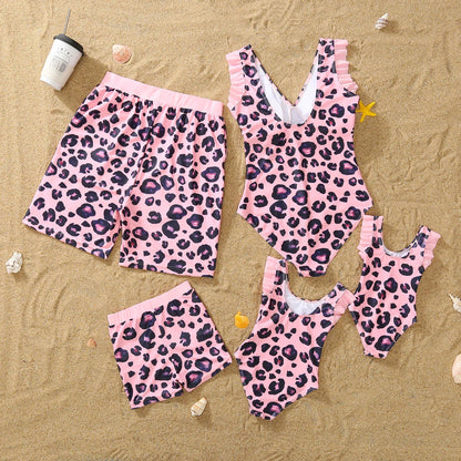 Summer Mom -Daughter/ Dad -Son Matching Swimsuit in Pink Leopard Frill Trim One-piece Suit Swimwear Trunks Beachwear Family Look