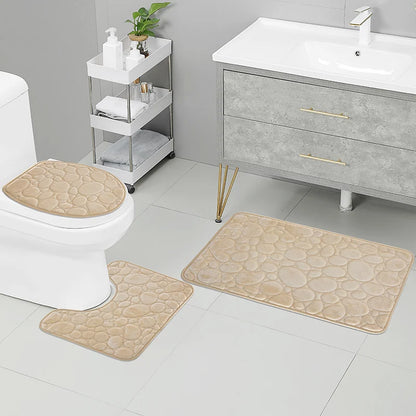 1 Set of Solid Color Simple Bathroom Water-absorbing and Non-slip Floor Mat Stone Pattern, Comfortable and Soft, Three-piece Set