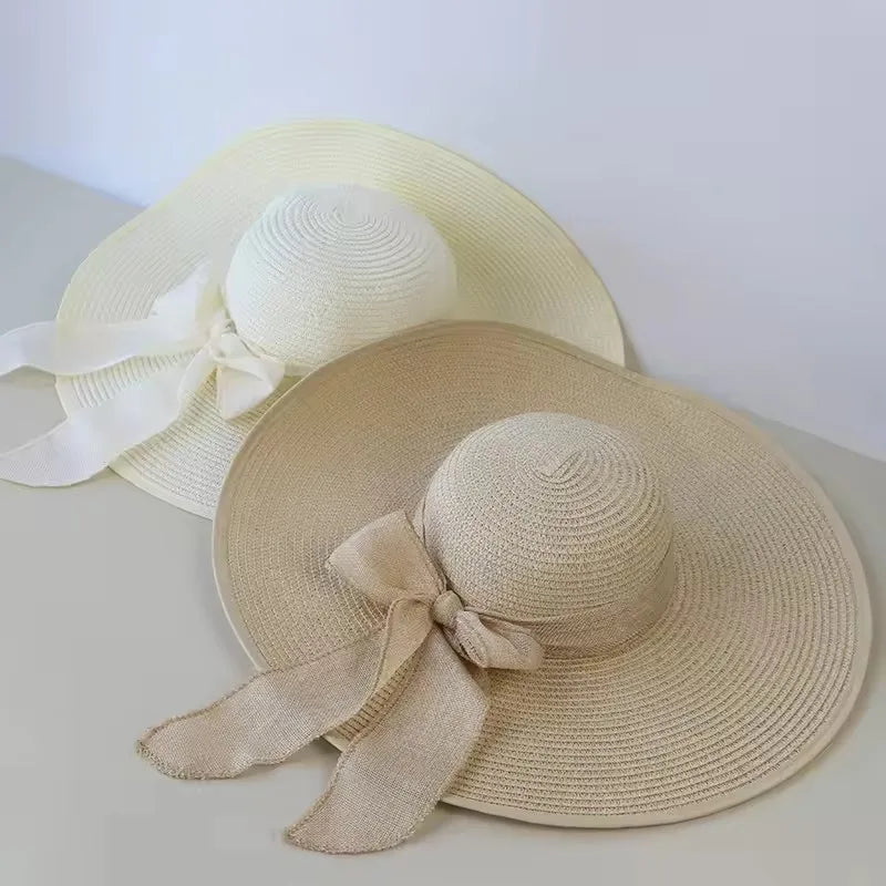 Summer Women's Large brimmed Straw Hat with Bow  and Wide BRIM.  Sunscreen,  Soft, Panama Hat, Foldable Beach Sunshade Hat