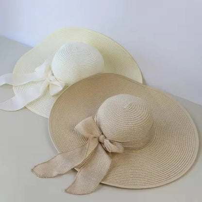 Summer Women's Large brimmed Straw Hat with Bow  and Wide BRIM.  Sunscreen,  Soft, Panama Hat, Foldable Beach Sunshade Hat