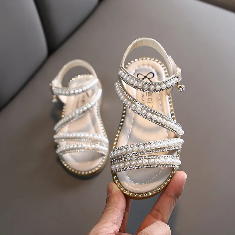 Childrens  Sandals, Flat Shoes for  Kids with Pearls.  Open-toe Non-slip Princess Sandals