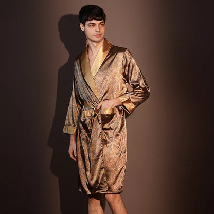 High Quality Nightrobes for  Men.   Summer Thin Bathrobe,  Large Size,  Ice Silk Printed Pajamas One-piece Robe, Loungewear, Spring
