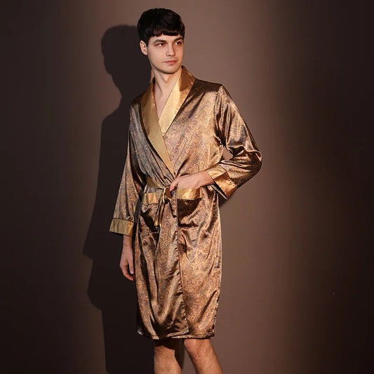 High Quality Nightrobes for  Men.   Summer Thin Bathrobe,  Large Size,  Ice Silk Printed Pajamas One-piece Robe, Loungewear, Spring