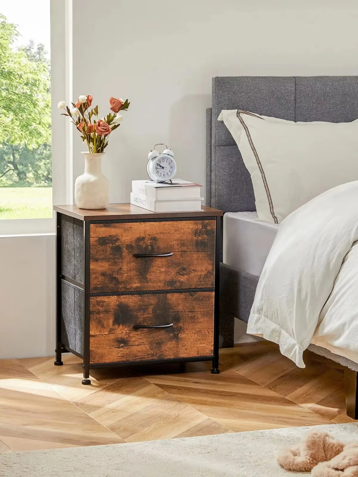 Bedside Nightstand  for Coffee,Tea. Table Storage  for Closet,  2 Fabric Drawers.