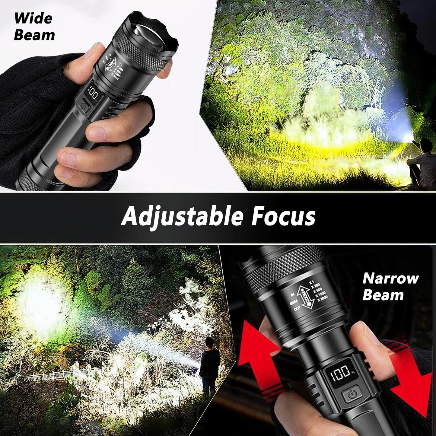 Rechargeable LED Flashlight Zoomable Torch with LCD Display, 3 Modes Waterproof High Power Hand Light, Outdoor Wilderness Camping
