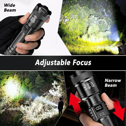 Rechargeable LED Flashlight Zoomable Torch with LCD Display, 3 Modes Waterproof High Power Hand Light, Outdoor Wilderness Camping