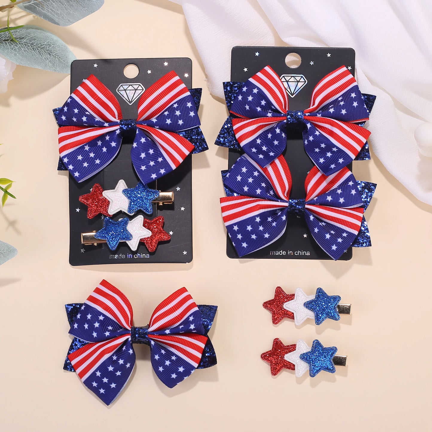 2/4 Sets of New American Patriotic items.  Five Pointed Star Bow Top Decoration Daughter/ Children's Flag Star Hair Clip Set