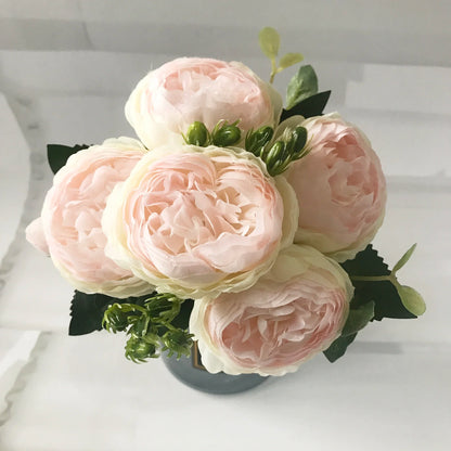 30cm Rose, Pink Silk Peony Artificial Flowers Bouquet  . 5 Big Head and 4 Bud  for Home Wedding Decoration indoor