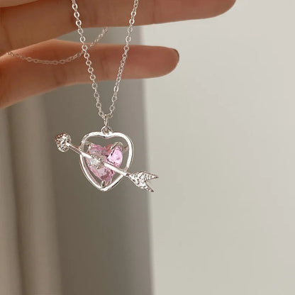 Fashion Pink Crystal Heart Bow Tie Pendant Necklace. Silver Color Chain.  Necklace for Women on Valentines for Aesthetic Jewelry