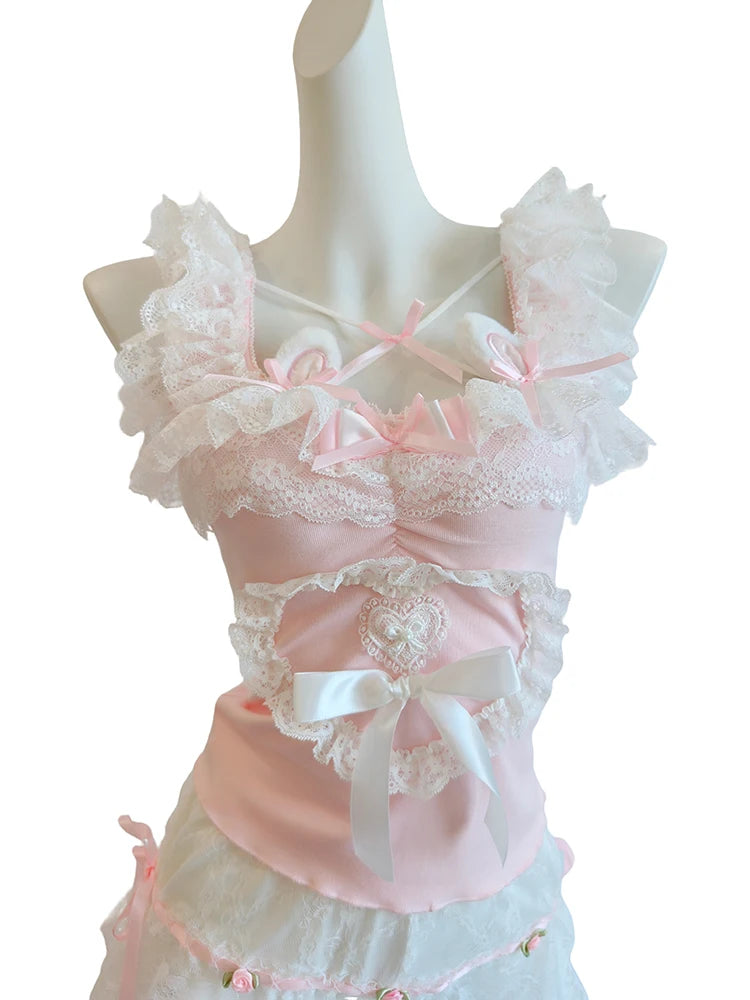 Cute Crop Top for Women / Gils for Summer.   Lace Trim,  Bows,  Lovely Pink Top.