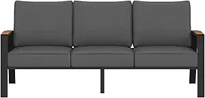 Outdoor Couch,  Aluminum Patio Furniture Set,  All-Weather Metal 3-Seat Sofa with Solid Teak Armrest and Thick Cushions,