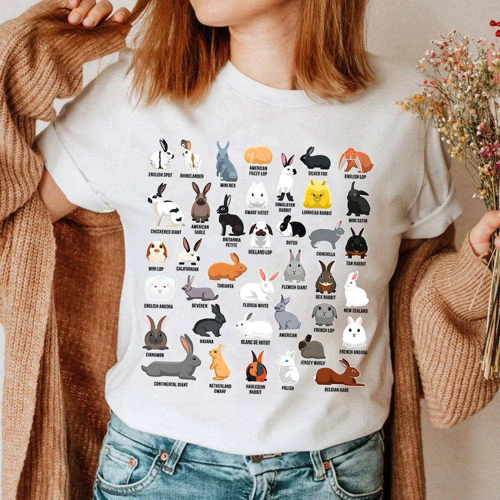 Bunny Summer Women's T-shirt,  Types of Rabbits , Print Tops,  Short-sleeved Casual Ladies Tees, O-neck