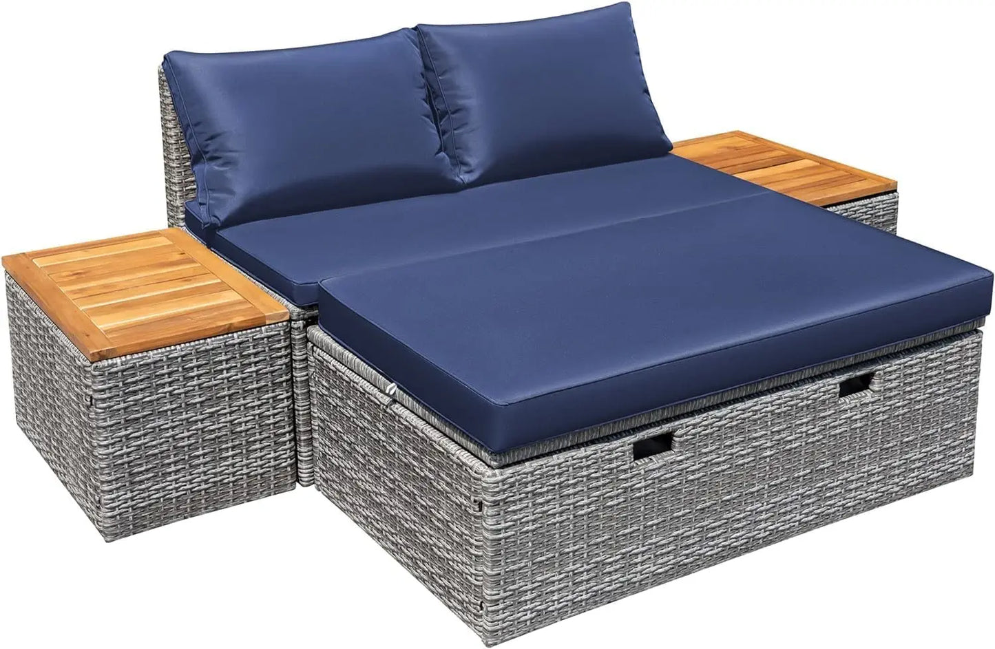 Patio/ Day Bed /Outdoor Daybed Set,  Multifunctional Rattan Lounge with 2 Side Tables for Backyard Porch,  Poolside,  Lawn, Beach