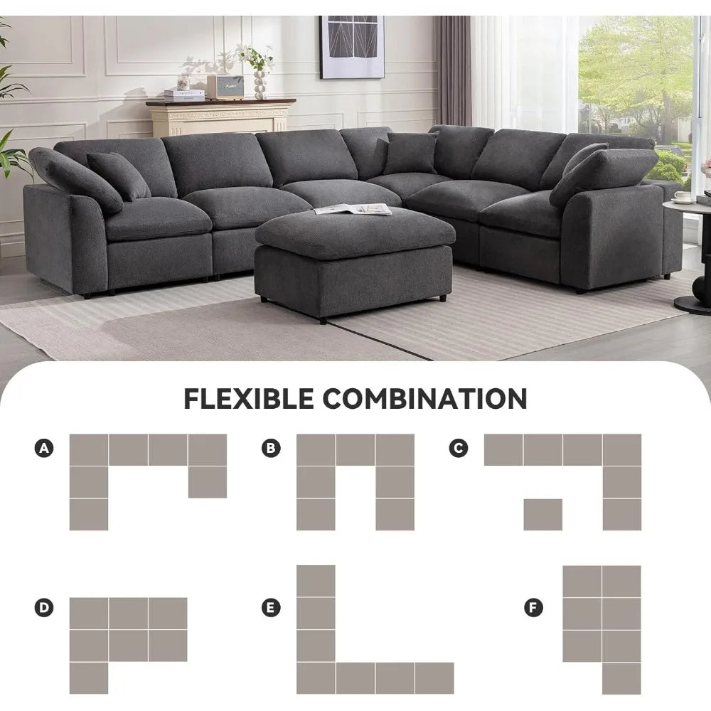 Modular Sectional Sofa, Modern Oversized Cloud Couch with Movable Ottoman, 7 Seater,  L-Shaped,  Comfy Couches for Living Room