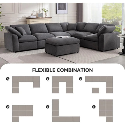 Modular Sectional Sofa, Modern Oversized Cloud Couch with Movable Ottoman, 7 Seater,  L-Shaped,  Comfy Couches for Living Room