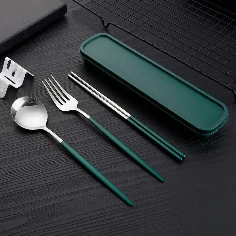 3pcs Thin Portuguese portable stainless steel cutlery  including chopsticks, forks, spoons, student, home,  outdoor,  picnic tableware.  REALLY attractive with the Forest Green Dinnerware.
