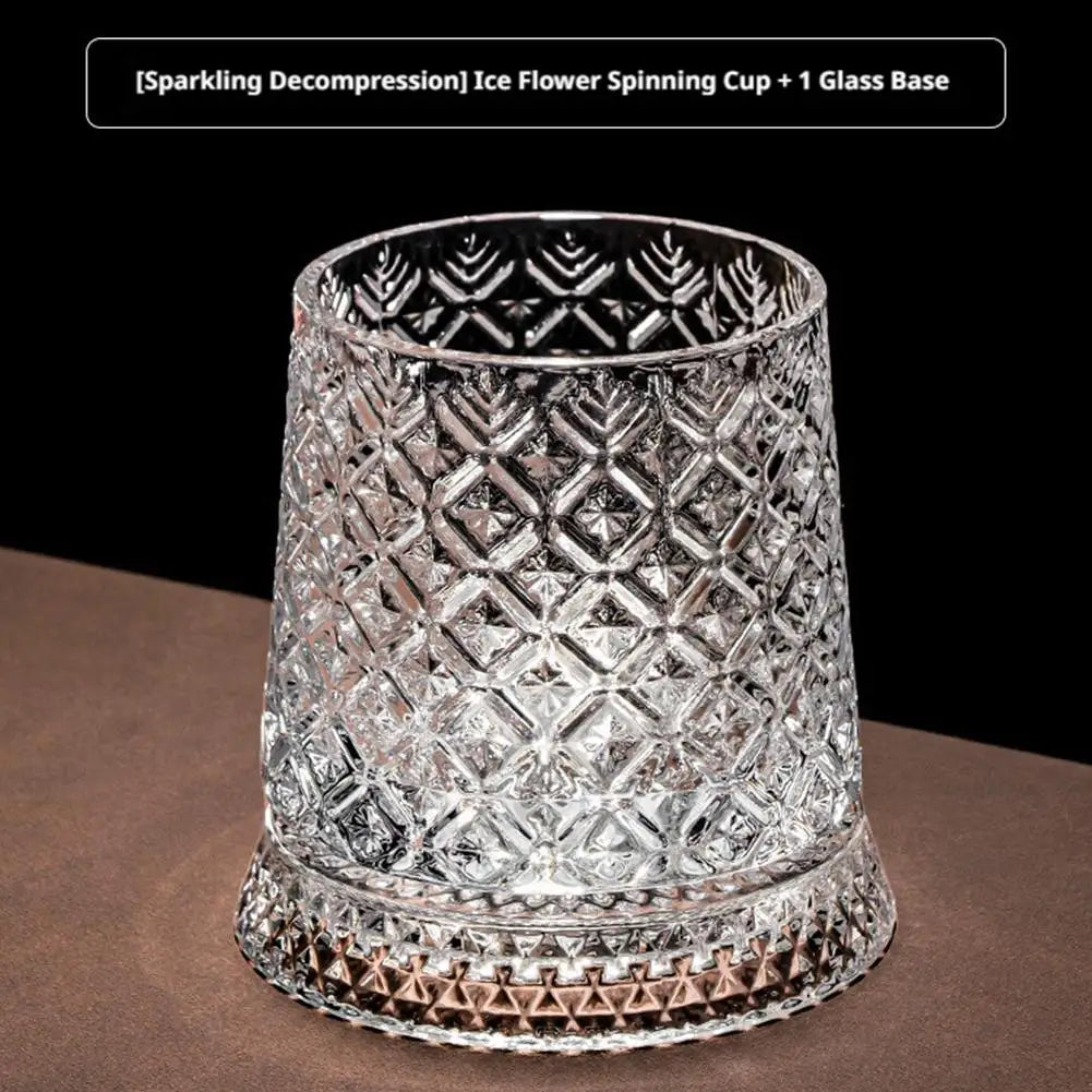 280ml Crystal Rotating Whiskey Glass with Base Ice Flower Bubble Pattern 360° Spinning Glassware For Home Bar Party Wedding