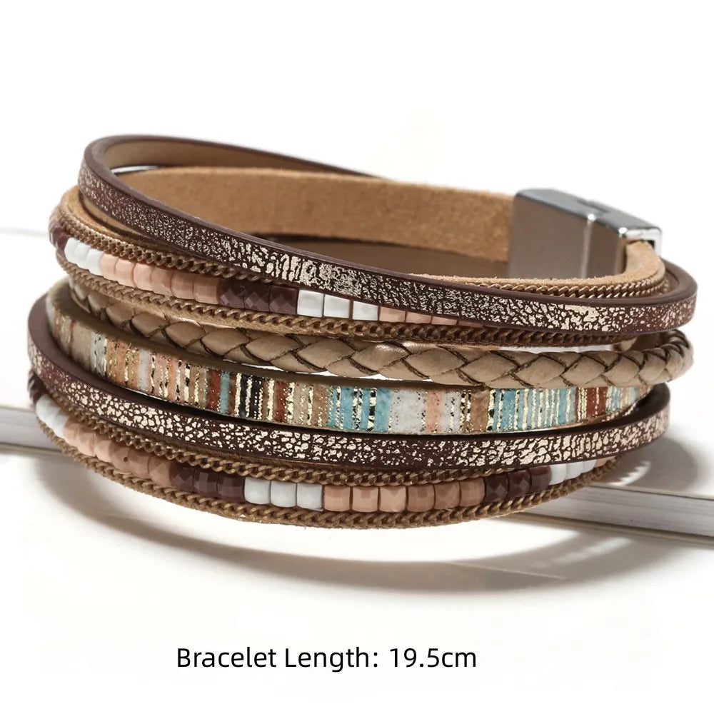 ZG Multilayer Brown Leather Bracelet For Women/Men  Fashion Creative Bohemian Hand Woven Magnetic Clasp Bracelet.  BLACK and BLUE are Available.  Measurement is 19.8 cm so that is 7.8 inches.