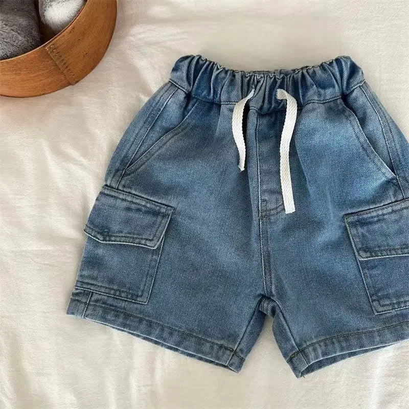 Kids Denim Cargo Shorts, 2-8Y,  Casual Summer Jeans /Bottoms  with Elastic Waistband.  Comfortable Childrens Outdoor Wea.