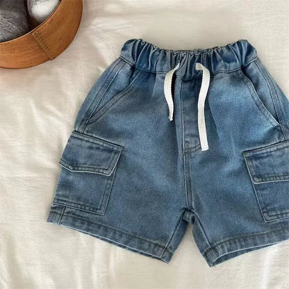 Kids Denim Cargo Shorts, 2-8Y,  Casual Summer Jeans /Bottoms  with Elastic Waistband.  Comfortable Childrens Outdoor Wea.