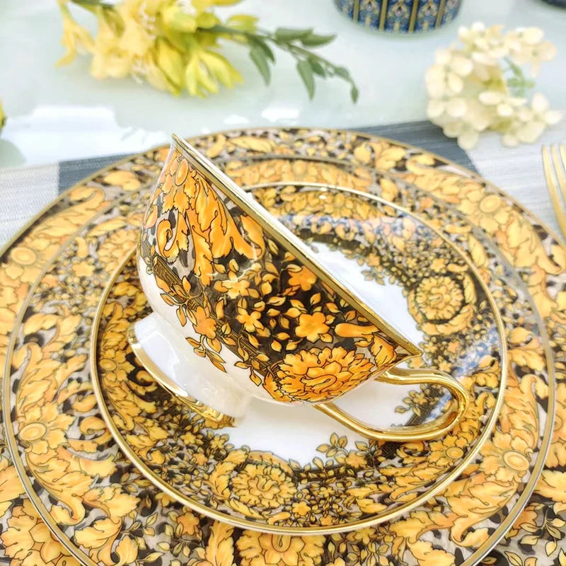 Golden Edge Luxury Tableware Set, Western Dinner Plate, Steak Flat Tray, Bone China Dinnerware Set, Coffee Cup, 10 ", 8" plates