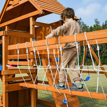 Swing Set for Backyard with Plank Bridge, Wooden Playground Set with 2 Wave Slides, Monkey bar