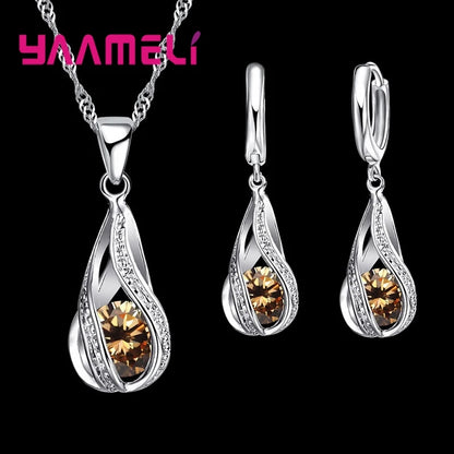 Hot Water Drop CZ 925 Sterling Silver Plated Jewelry Set For Women.  Pendant Necklace,  Hoop Earrings, Wedding gifts, MOTHERS DAY Gifts