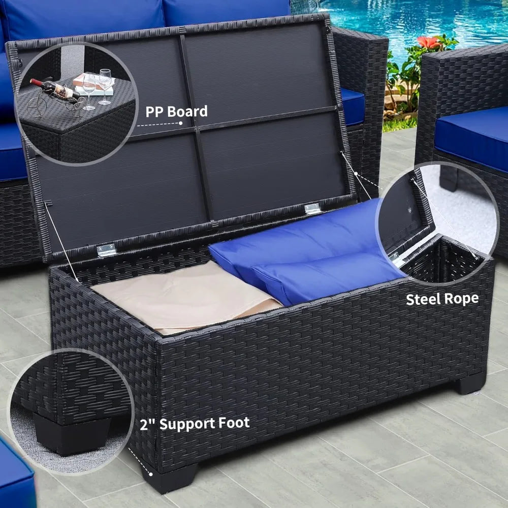 6 Pieces Patio Wicker Furniture Set,  Outdoor PE Rattan Conversation Couch,  Sectiona, l Chair /Sofa Set with Royal Blue